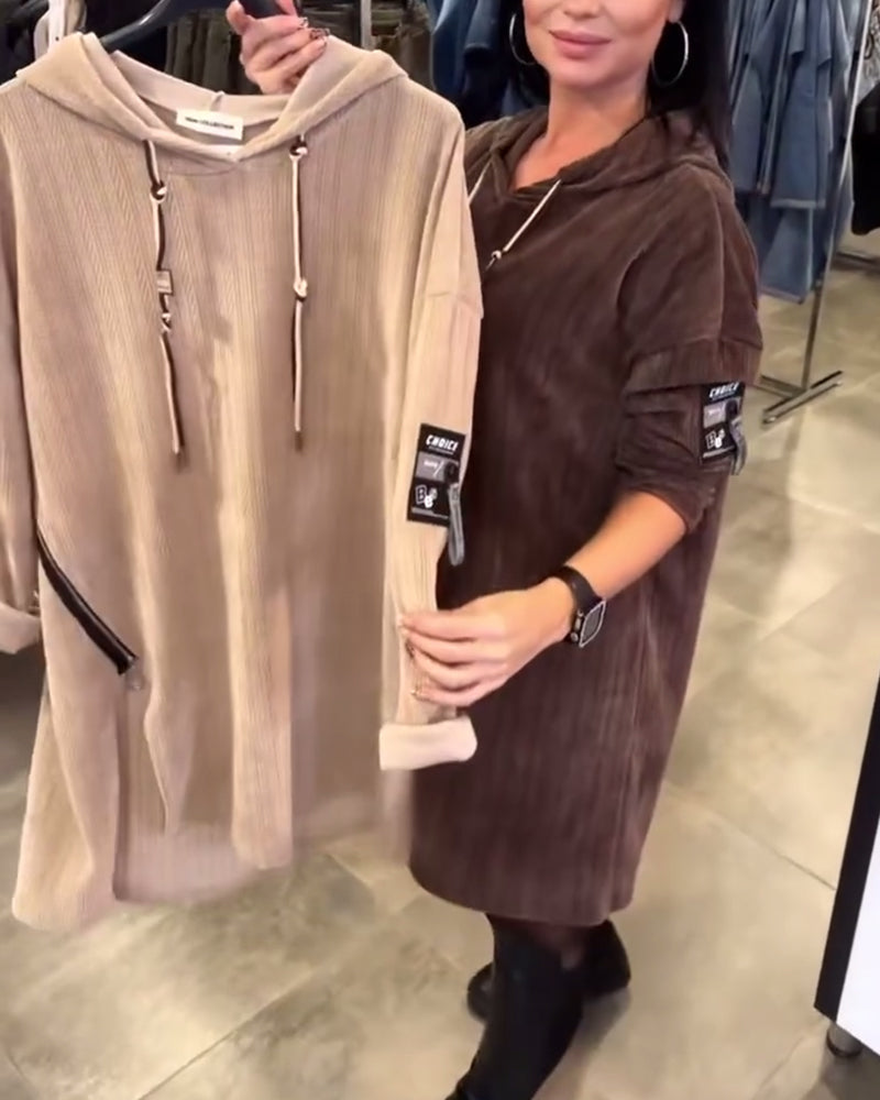 Long-Sleeve Hooded Dress in Solid Color