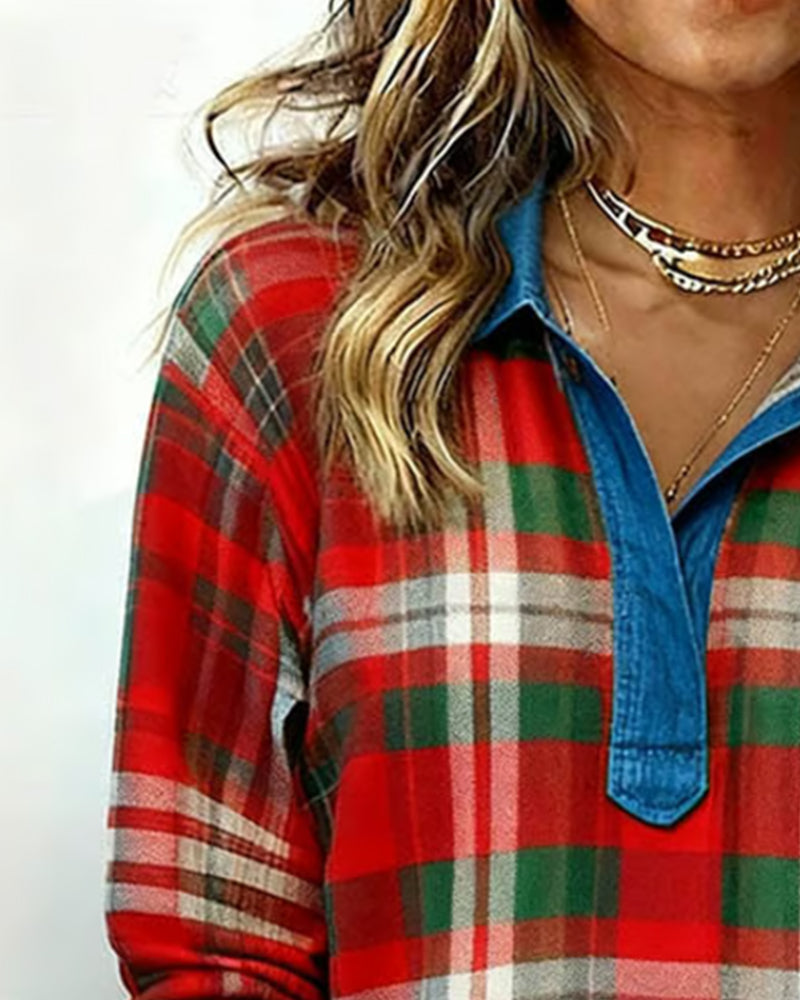 Plaid Patchwork Denim Sweatshirt