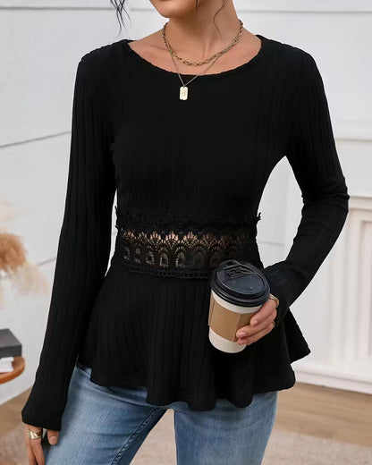 Long-Sleeved Round Neck Top with Waist-Cinching Design