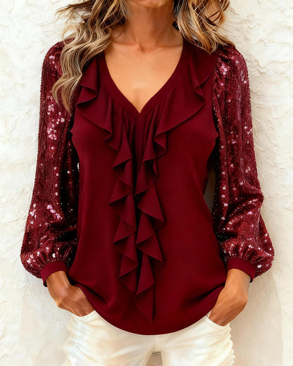 Sequined Long-Sleeve Top with Ruffled V-Neck