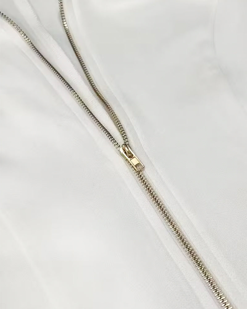 Zippered Collar Dress with Fringed Hem