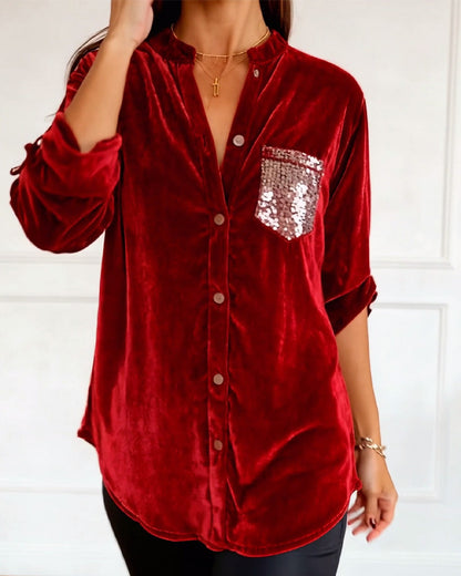 Velvet Blouses with Sequined Pockets