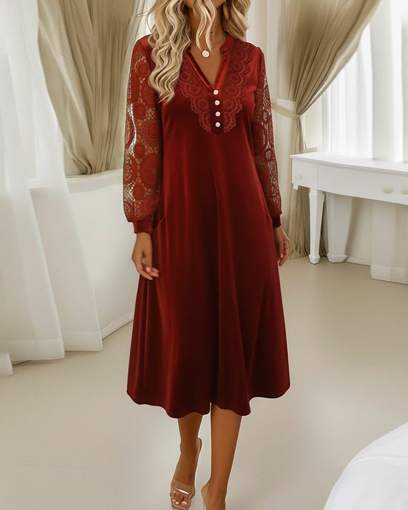 Velvet V-Neck Dress with Long Lace Sleeves