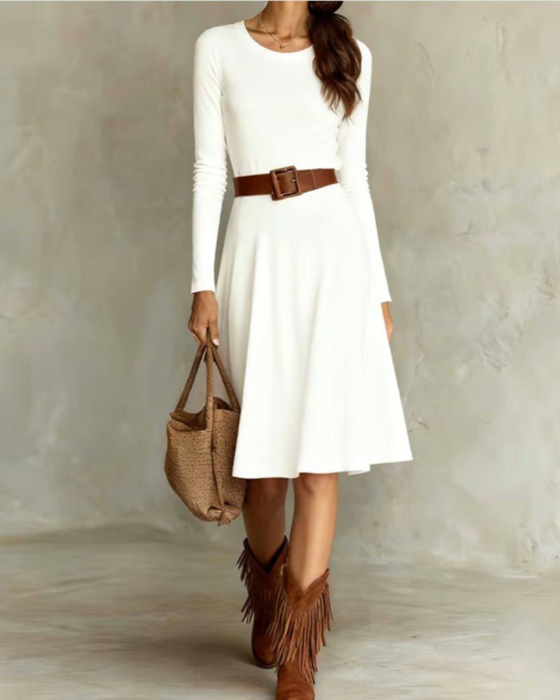 Chic Solid Color Round Neck A-Line Dress