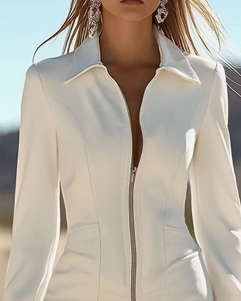 Zippered Collar Dress with Fringed Hem