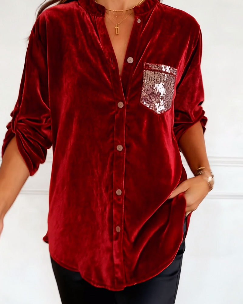 Velvet Blouses with Sequined Pockets