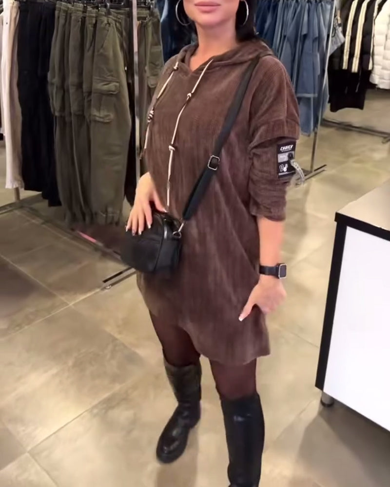 Long-Sleeve Hooded Dress in Solid Color