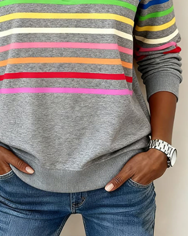 Trendy Rainbow Striped Half-Zip Sweatshirt with Collar
