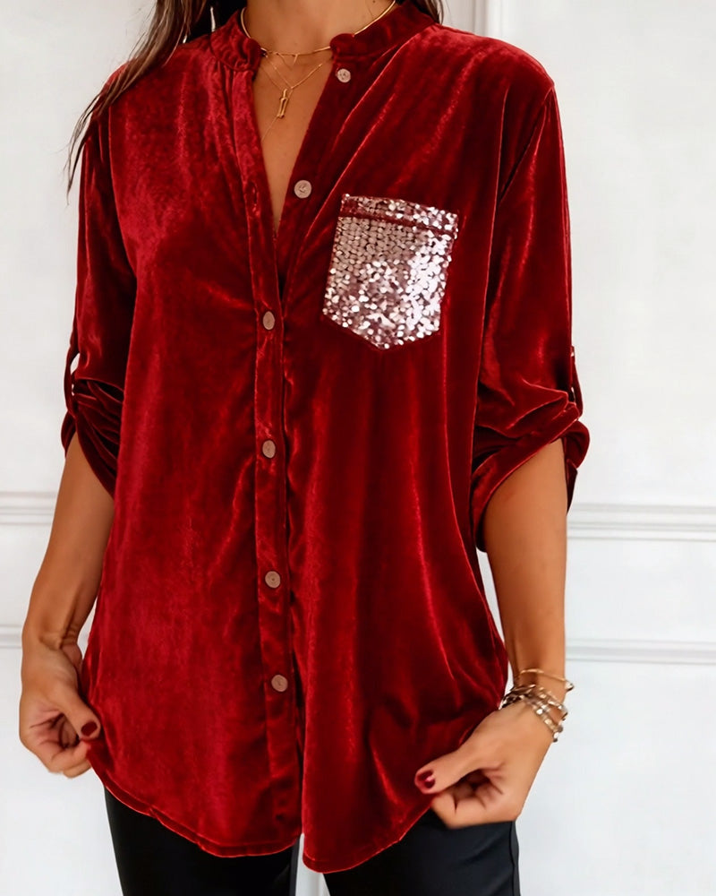 Velvet Blouses with Sequined Pockets