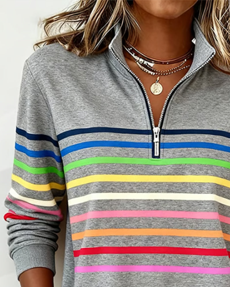Trendy Rainbow Striped Half-Zip Sweatshirt with Collar