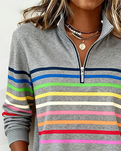 Trendy Rainbow Striped Half-Zip Sweatshirt with Collar