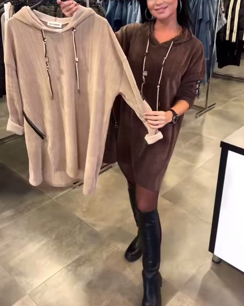 Long-Sleeve Hooded Dress in Solid Color
