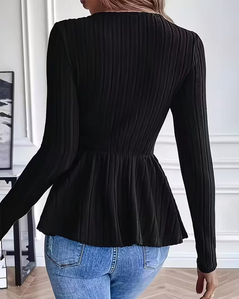 Long-Sleeved Round Neck Top with Waist-Cinching Design