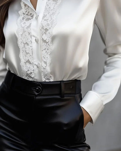 Lace-Trimmed Stylish Collared Blouse