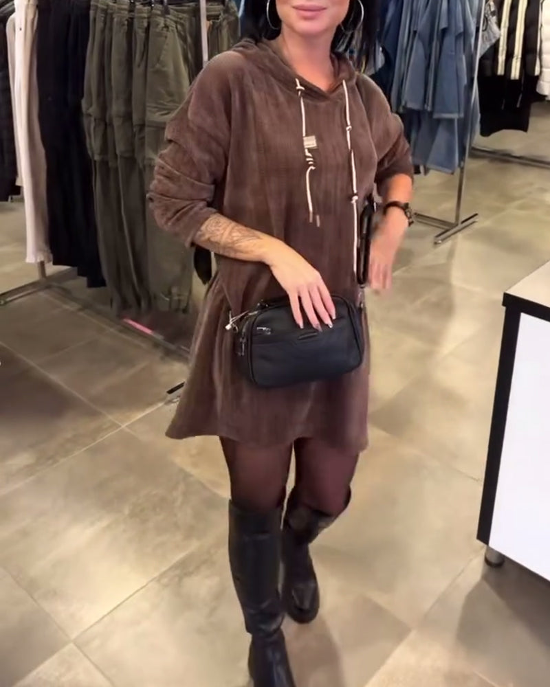 Long-Sleeve Hooded Dress in Solid Color