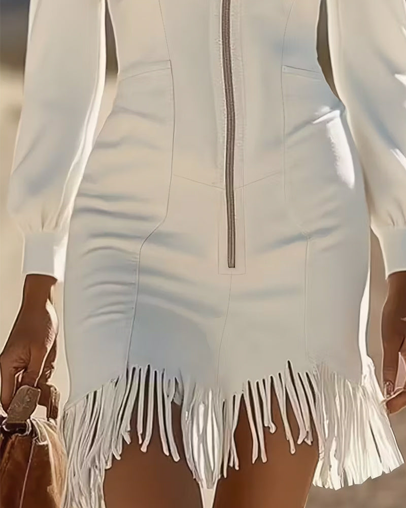 Zippered Collar Dress with Fringed Hem