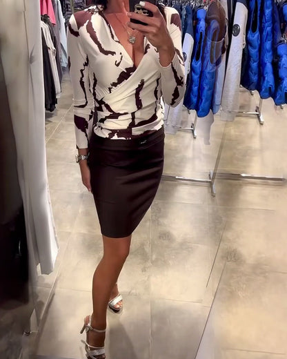 V-Neck Printed Blouse with Deep Cut