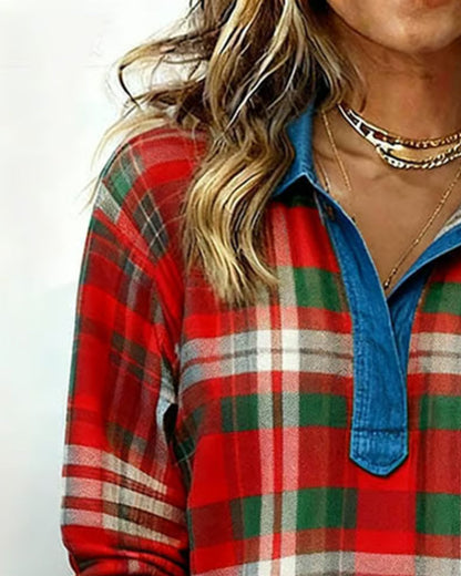 Plaid Patchwork Denim Sweatshirt