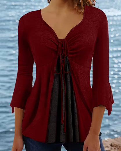 Bell-Sleeve Top with Bow Tie Detail