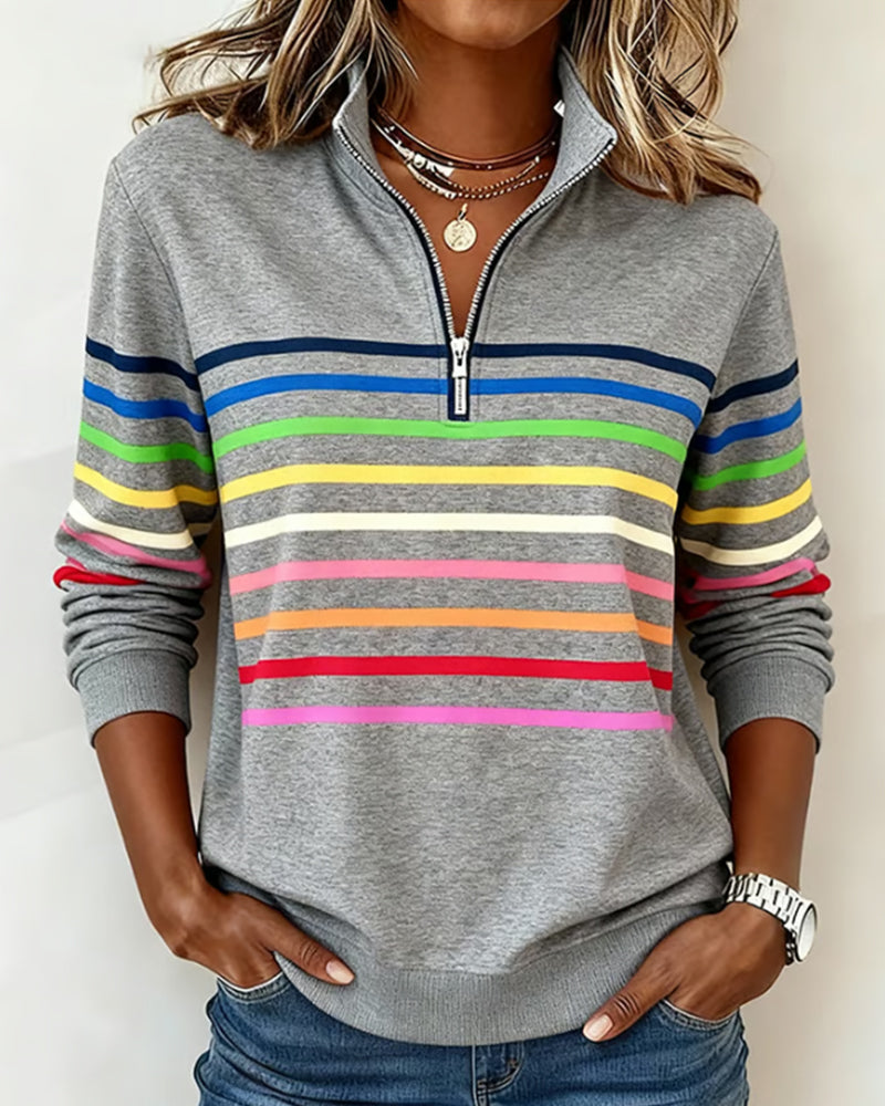 Trendy Rainbow Striped Half-Zip Sweatshirt with Collar