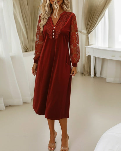 Velvet V-Neck Dress with Long Lace Sleeves