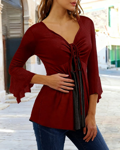 Bell-Sleeve Top with Bow Tie Detail