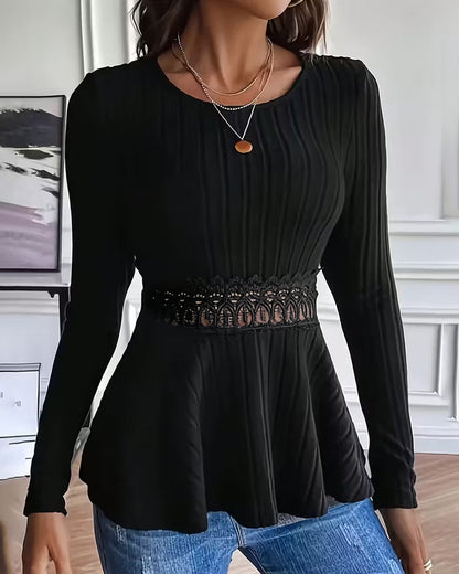 Long-Sleeved Round Neck Top with Waist-Cinching Design