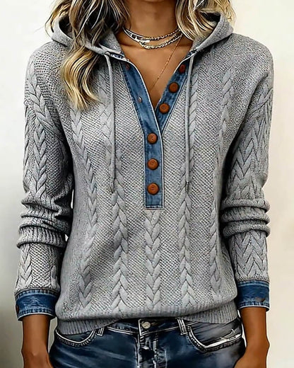 Color-Blocked Hooded Long Sleeve Button-Up