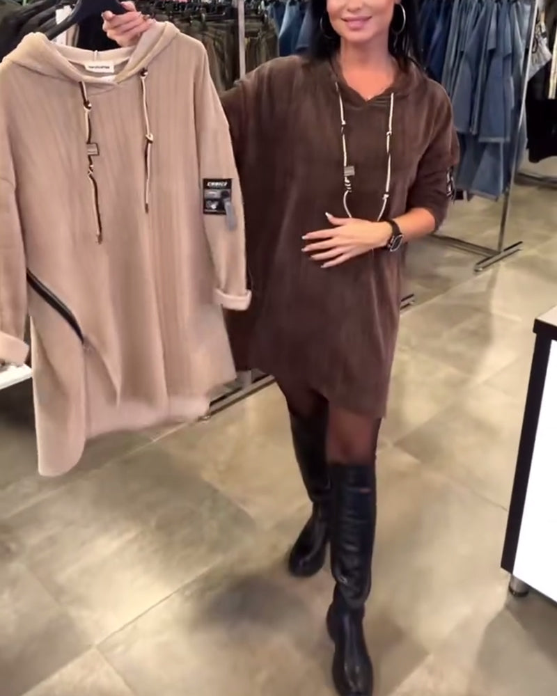 Long-Sleeve Hooded Dress in Solid Color