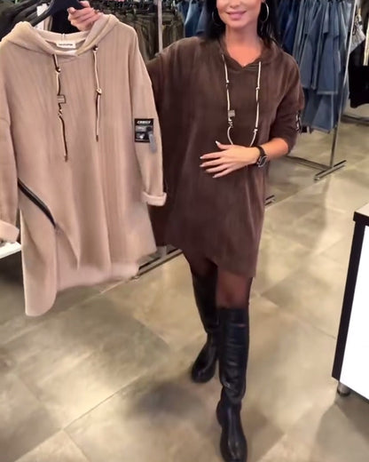 Long-Sleeve Hooded Dress in Solid Color