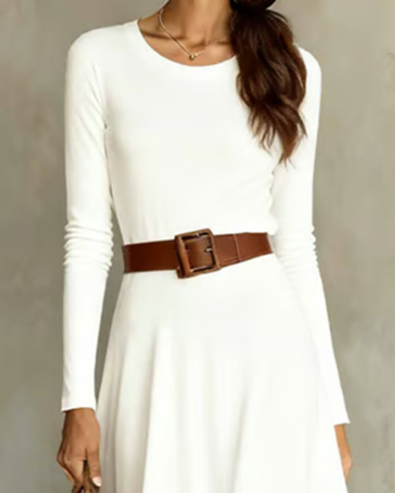 Chic Solid Color Round Neck A-Line Dress