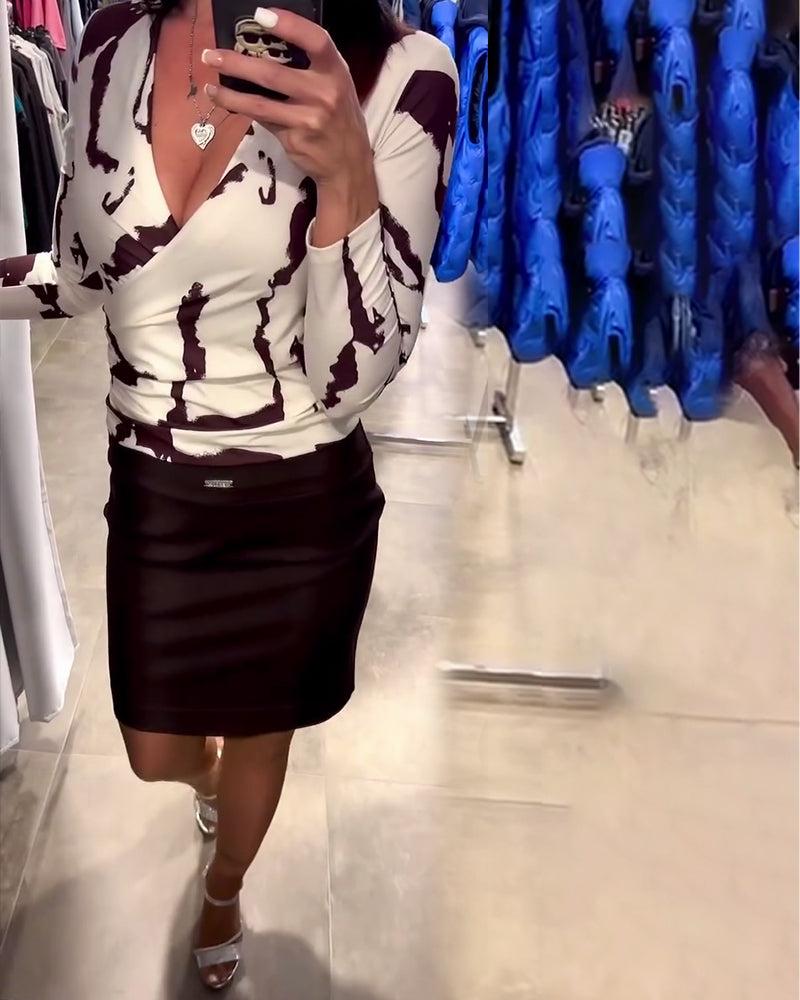 V-Neck Printed Blouse with Deep Cut